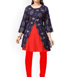 BAESD Girls Ethnic Motifs Printed Round Neck Layered Pure Cotton Kurta & Leggings-image-78