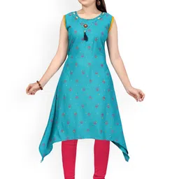 Aarika Girls Ethnic Motifs Printed Tie-Ups Asymmetric Hem Pure Cotton Kurta With Leggings-image-14