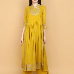 V-Mart Floral Embroidered Band Collar High Slit Sequinned Pure Cotton Kurta with Palazzos-picture-51
