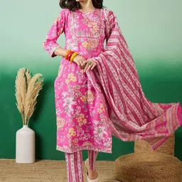 Vastramyaa Floral Printed Thread Work Pure Cotton Straight Kurta With Trousers & Dupatta-12