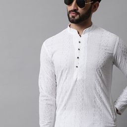 Jompers Men White Chikankari Embroidered Pure Cotton Kurta-47