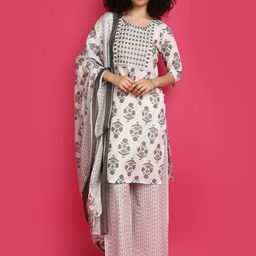 V-Mart Floral Printed Regular Mirror Work Pure Cotton Kurta With Trousers & Dupatta-image-83