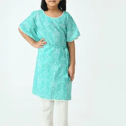 Muffin Shuffin Girls Sea Green Ethnic Motifs Printed Pure Cotton Kurta With Trousers-image-14