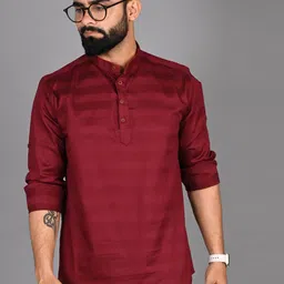FUBAR Striped Band Collar Roll-Up Sleeves Short Kurta-picture-51