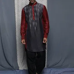 Krishna Mehta Geometric Printed Mandarin Collar Silk Kurta-image-63