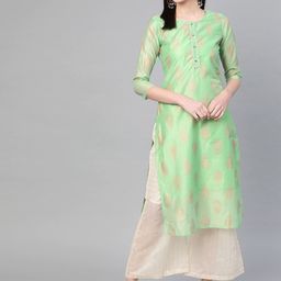 Yufta Women Green Ethnic Motifs Printed Regular Chanderi Cotton Kurta with Palazzos-image-12