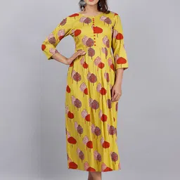DORIYA Women Yellow Floral Printed Patchwork Block Print Kurta-image-56