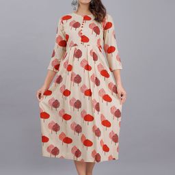 DORIYA Women Beige Floral Printed Flared Sleeves Thread Work Block Print Kurta-12