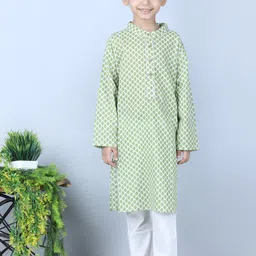 AWW HUNNIE Boys Green Ethnic Motifs Printed Pure Cotton Kurta with Pyjamas-0