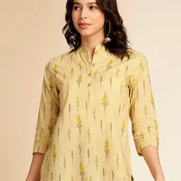 Anouk Mustard Yellow Botanical Printed Mandarin Collar Pure Cotton Kurti-picture-52