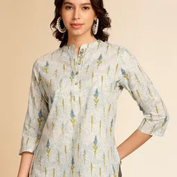 Anouk Off White Botanical Printed Mandarin Collar Pure Cotton Kurti-picture-21