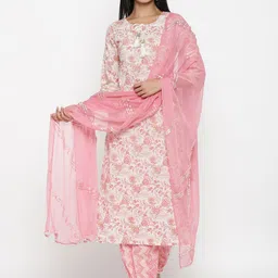 PINKVILLE JAIPUR Women Off White Floral Embroidered Pure Cotton Kurti with Salwar & With Dupatta-image-21