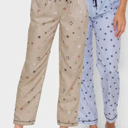 FashionRack Women Pack Of 2 Beige & Grey Printed Regular Fit Cotton Lounge Pants-picture-20