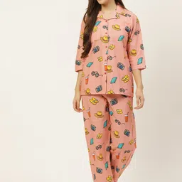 Rapra The Label Women Peach-Coloured & Blue Quirky Print Cotton Night Suit With Eye Mask-image-82