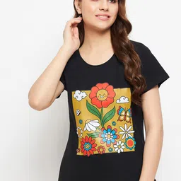 Clovia Women Floral Print Pure Cotton Lounge T-shirt-image-91