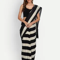 BUTA BUTI Black & Off White Striped Pure Cotton Saree-picture-36