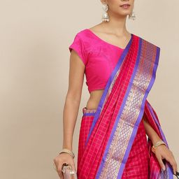Ishin Pink Checked Zari Silk Cotton Saree-image-20