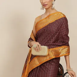 Ishin Maroon & Orange Checked Zari Silk Cotton Saree-picture-31