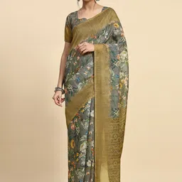 RACHNA Floral Printed Batik Jute Silk Fusion Saree-7
