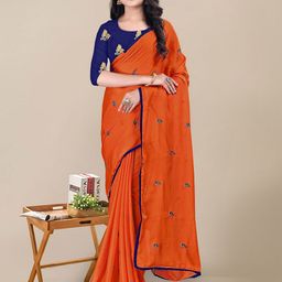 KALINI Orange & Navy Blue Ethnic Motifs Pure Chiffon Saree-image-41