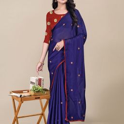 KALINI Navy Blue & Red Floral Embroidered Pure Chiffon Saree-image-34
