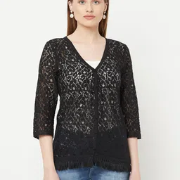 Espresso Women Black Tasselled Lace Button Shrug-11
