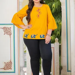 YASH GALLERY Plus Size Round Neck Bell Sleeves Embroidered Cotton Top-image-29