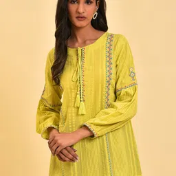 W Yellow Self Designed Ethnic Motifs Embroidered Tie-Up Neck Cotton Top-picture-17
