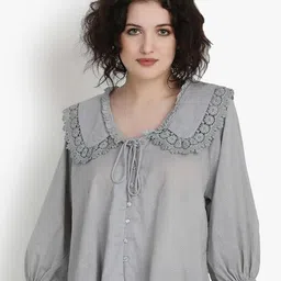 putsum Self Design Embroidered Lace-Up Tie-Up Neck Cotton Top-picture-47