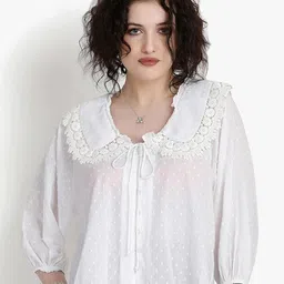 putsum Self Design Tie-Up Neck Semi Sheer Lace-Up Cotton Top-image-39