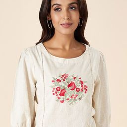 AKKRITI BY PANTALOONS Floral Embroidered Puff Sleeve Cotton Top-image-61
