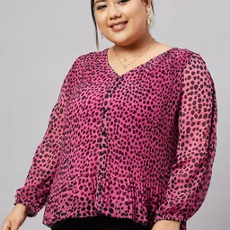 Antheaa Curve Plus Size Polka Dots Printed Puff Sleeves Top-image-54