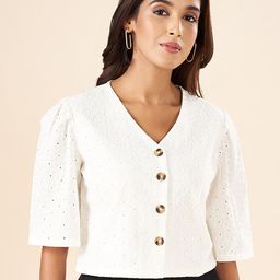 AKKRITI BY PANTALOONS Self Design V-Neck Puff Sleeves Cotton Shirt Style Top-picture-26