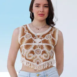 Boho By Athena Fringed Crochet Cotton Top-image-54