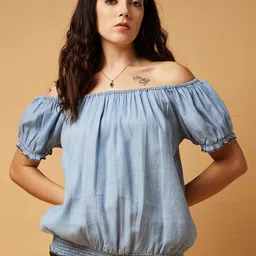 DRAPE AND DAZZLE Off-Shoulder Puff Sleeve Cotton Denim Blouson Top-picture-8