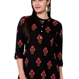 BAESD Floral Print Round Neck Roll-Up Sleeves Cotton Top-picture-15