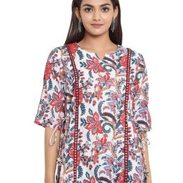 KALINI Floral Print Cotton Notched Neck Short Sleeves Opaque Casual Top-image-14