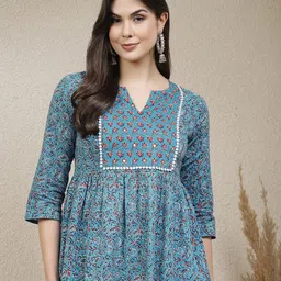 Stylum Turquoise Blue Floral Printed Notch Neck Cotton Peplum Top-image-72
