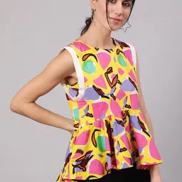 Anouk Geometric Printed Boat Neck Cotton Gathered Top-image-73