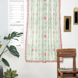 Tranquebar Home Green & Pink Floral Printed Room Darkening Cotton Window Curtain-image-92