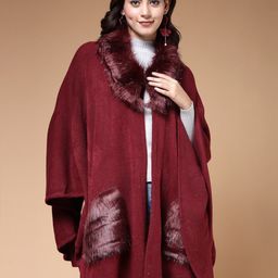 Mafadeny Fur Detail V-Neck Longline Poncho-image-51