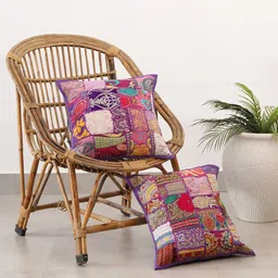 HANDICRAFT PALACE Purple & Red Set of 2 Embroidered Cotton Square Cushion Covers-37