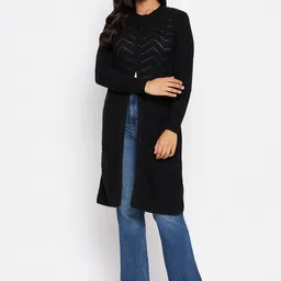 CLAPTON Self Design Open Knit Wool Longline Cardigan-6