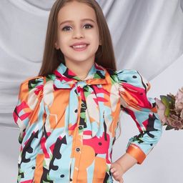 Peppermint Girl Tie-Up Neck Puff Sleeves Opaque Top-image-63