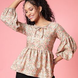 Oomph! Yellow Floral Printed Tie-Up Details Crepe Peplum Top-image-65