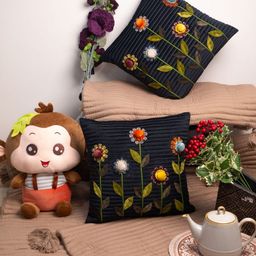 STUDIOHMK Black & Green Floral Velvet Square Cushion Covers-18