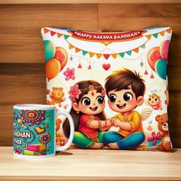 bettergiftflowers White & Brown Printed Raksha Bandhan Cushion Mug Home Gift Set image 2