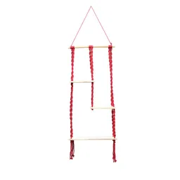 Homesake Red Macrame Hanging Wall Shelf With Attached 3-Tier Floating Wooden Planks image 5
