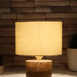 Devansh Off White & Brown Wooden Table Lamp With Natural Wood Base-6