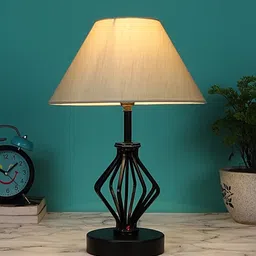 Devansh Off White & Black Textured Cotton Shade Table Lamp With Iron Base image 4